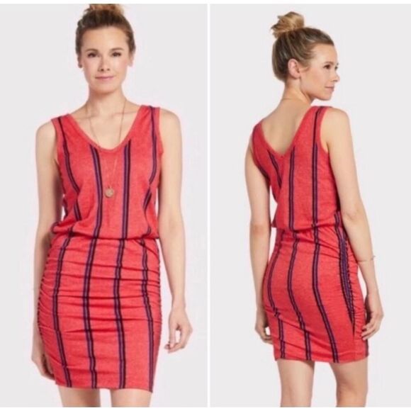 Anthropologie Sundry Red Blue Striped Ruched Sides Tank Dress Size 1 NWT - Picture 1 of 7